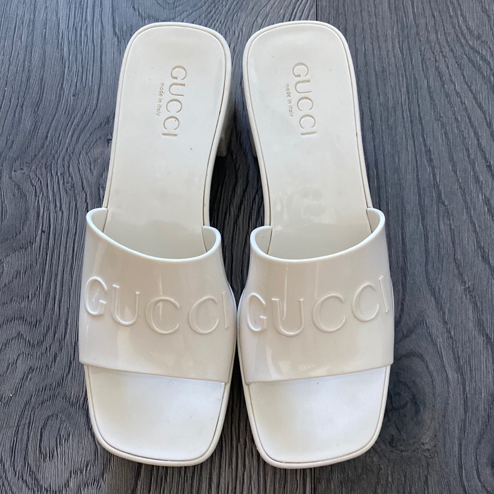 White Gucci platform jelly slides, size 7